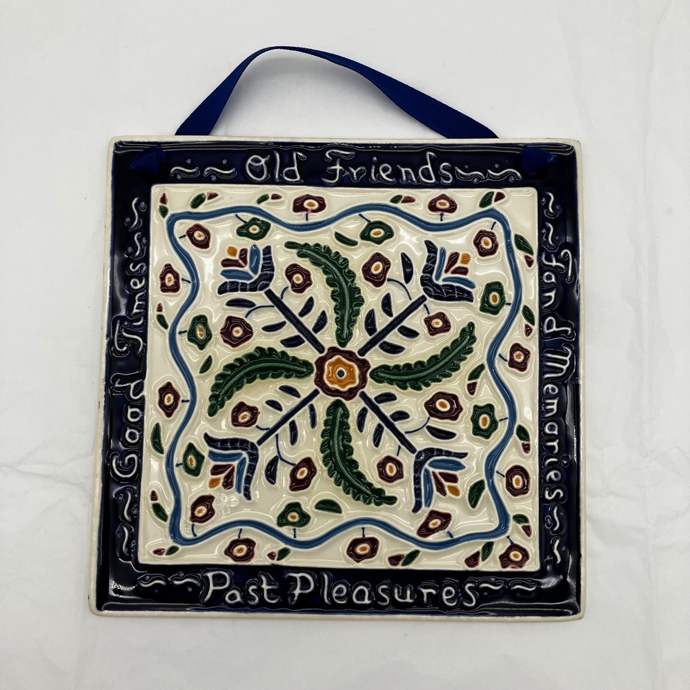 J. Duban Designs Hanging Tile Old Friends 6x6 Navy Blue Vintage Handcrafted